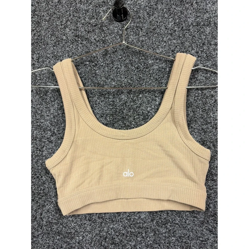 Alo Yoga Bra Womens S Beige Wellness Ribbed Scoop Neck Activewear Tank Top